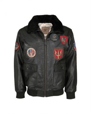 Black Leather Flight Jacket ′Top Gun′ with Fur Collar